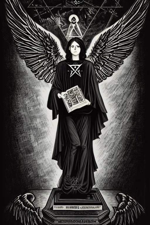 Image similar to dark angel holding a book of necronomicon, tarot card, masonic, secret society, communism, socialism, symmetrical, cinematic, sharp focus, 4 k, ultra hd, sense of awe, forbidden knowledge