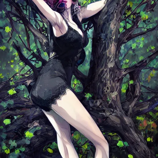 Image similar to a girl wearing a black lace dress and thigh highs sits on a tree, digital art, beautiful face, expressive oil painting, by yoshitaka amano, by artgerm, by conrad roset, by makoto shinkai, volumetrics, mood