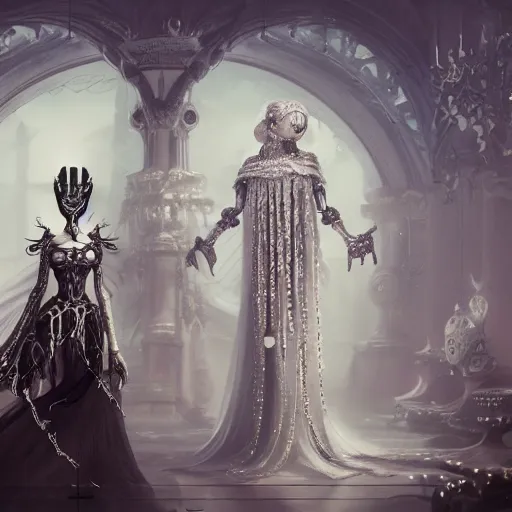 Prompt: female gothic robots with heart organ, dressed in white intricate baroque lace, veils and jewels, epic environment, matte painting, diffused lighting, highly detailed, cinematic, epic atmosphere, digital art, trending on artstation, wide angle