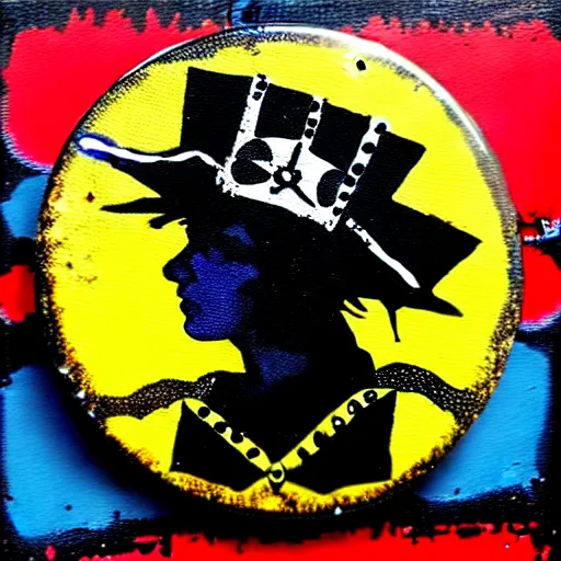 Image similar to painting on a badge!!!!, punks not dead!!!!, exploited!!, clash, junk yard, rats!!, god save the queen!!!, punk rock album cover art style, grunge, no future!!!!, glitch effect