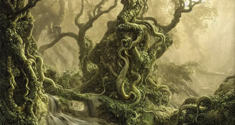 Image similar to elegant marble carving of tentacles, ferdinand knab, breath - taking beautiful trees, streams, flowers, and mist, an aesthetically pleasing, dynamic, energetic, lively, complex, intricate, detailed, well - designed digital art of trees, streams, flowers, and mist, early morning, light and shadow