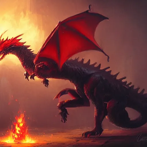 Image similar to a fire dog dragon, greg rutkowski