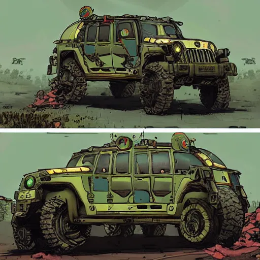 Image similar to froggy mech jeep concept borderland that looks like it is from Borderlands and by Feng Zhu and Loish and Laurie Greasley, Victo Ngai, Andreas Rocha, John Harris