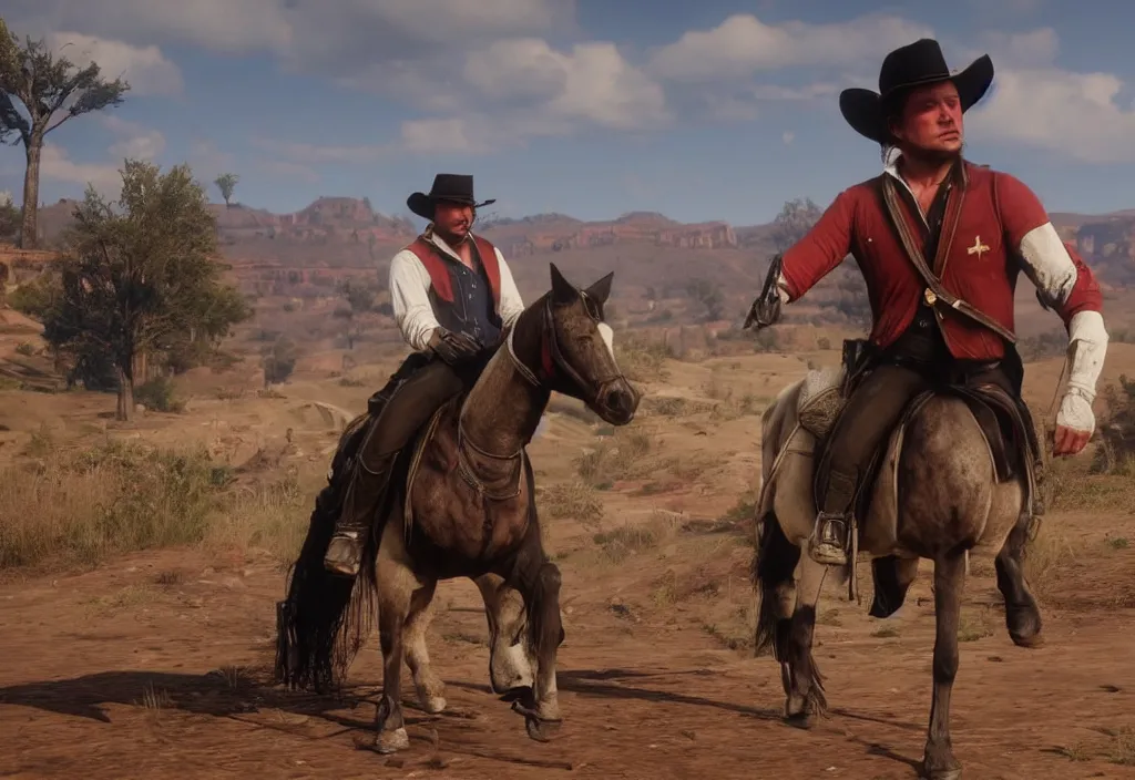 Image similar to elon musk in the red dead redemption 2, elon musk in the video game red dead redemption 2, gameplay screenshot, close up, 3 d rendering. unreal engine. amazing likeness. very detailed.