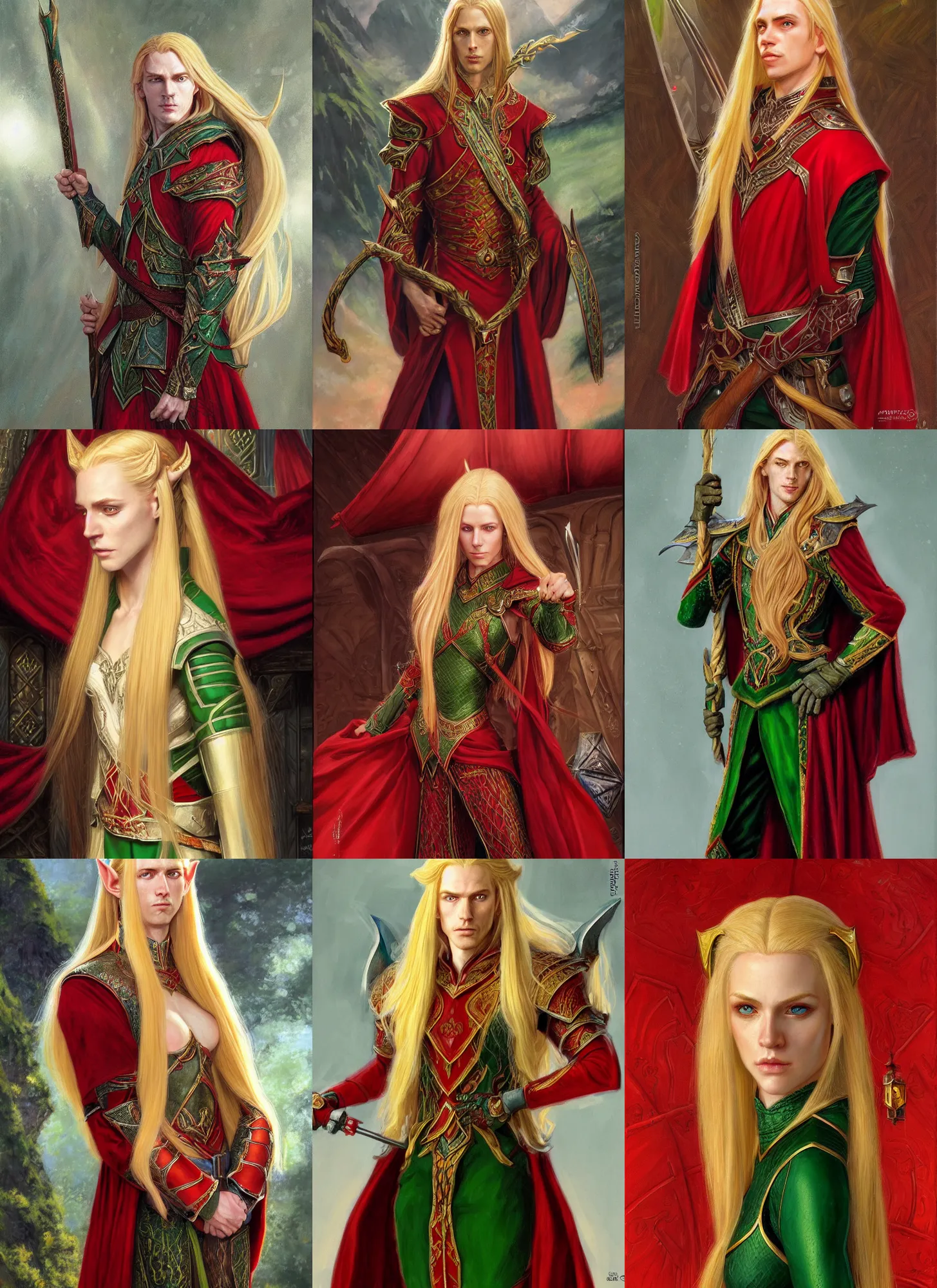 Prompt: a portrait of a noble high elf with long blonde hair, green eyes, young adult, wearing red elegant attire, style by donato giancola, wayne reynolds, jeff easley dramatic light, high detail, cinematic lighting, artstation, dungeons and dragons