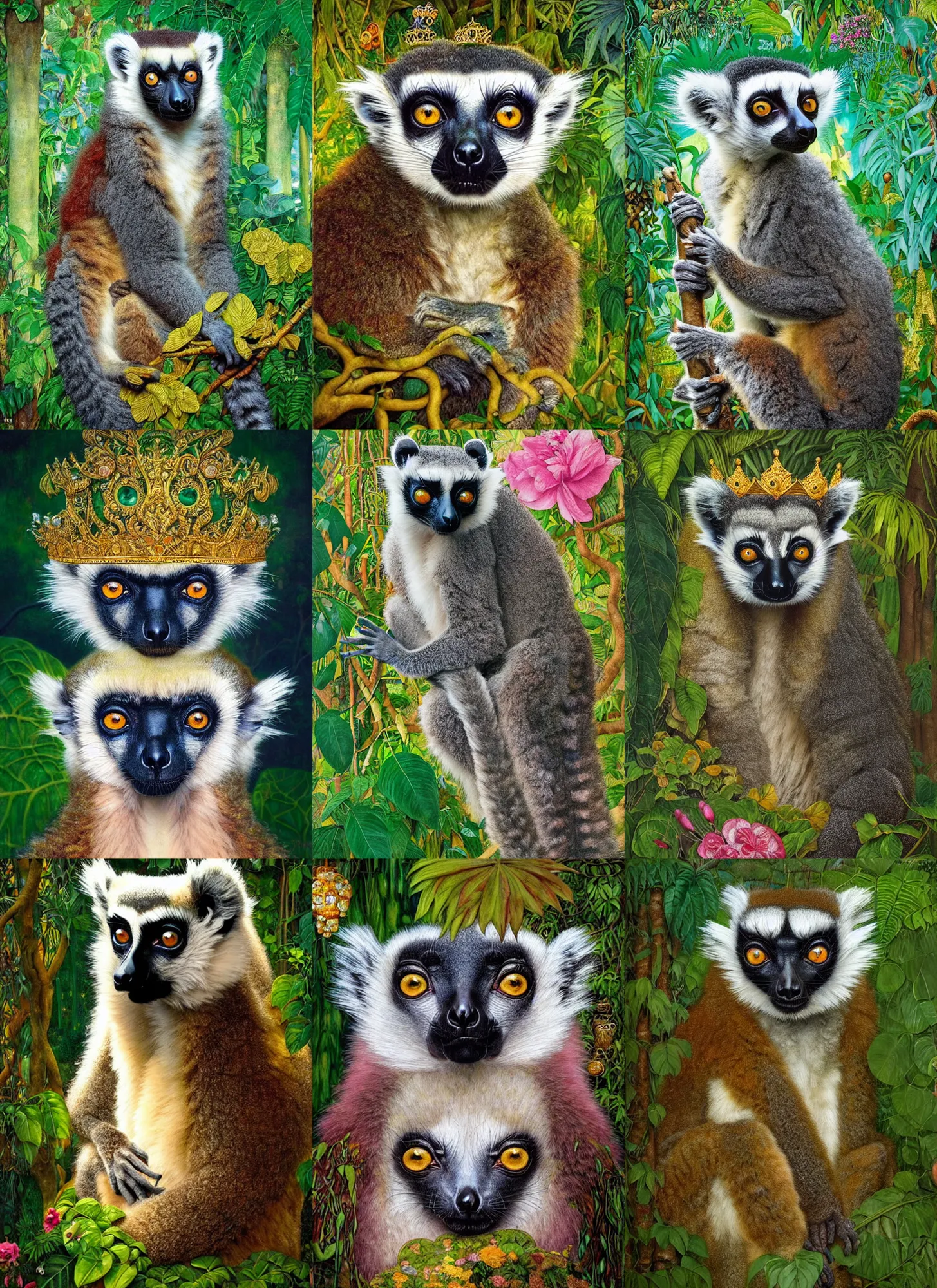 Prompt: “A majestic portrait of a lemur wearing an intricate crown, with a lush jungle in the background, titian, Tom Bagshaw, Sam Spratt, maxfield parrish, gustav klimt, high detail, 8k, underwater light rays, intricate, royalty, vibrant iridescent colors,tan pink green and gold”