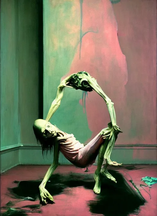 Prompt: an insane, skinny artist wearing torn overalls, expressively twisted body, interpretative dance with a large ghost, depth of field, hauntingly surreal, highly detailed oil painting, by francis bacon, edward hopper, adrian ghenie, glenn brown, soft light 4 k, pink and green colour palette, cinematic composition, cinematic lighting, high quality octane render