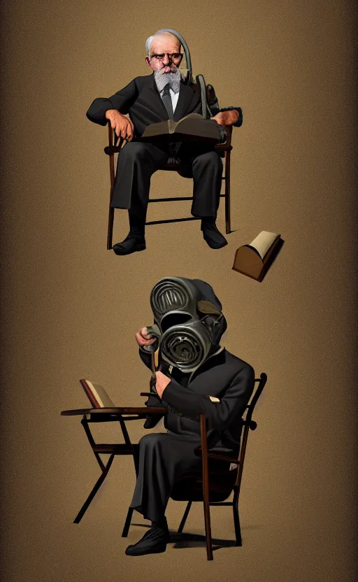 Prompt: old, man, work, vintage suit, sittin, chair, book, gasmask, do, what, we, can, then, leave, it, to, god, non fiction, stability, intricate, elegant, 8 k, uhd, justify, artstation, concept art, matte, sharp focus, illustration, consistent, one object content, proportional content