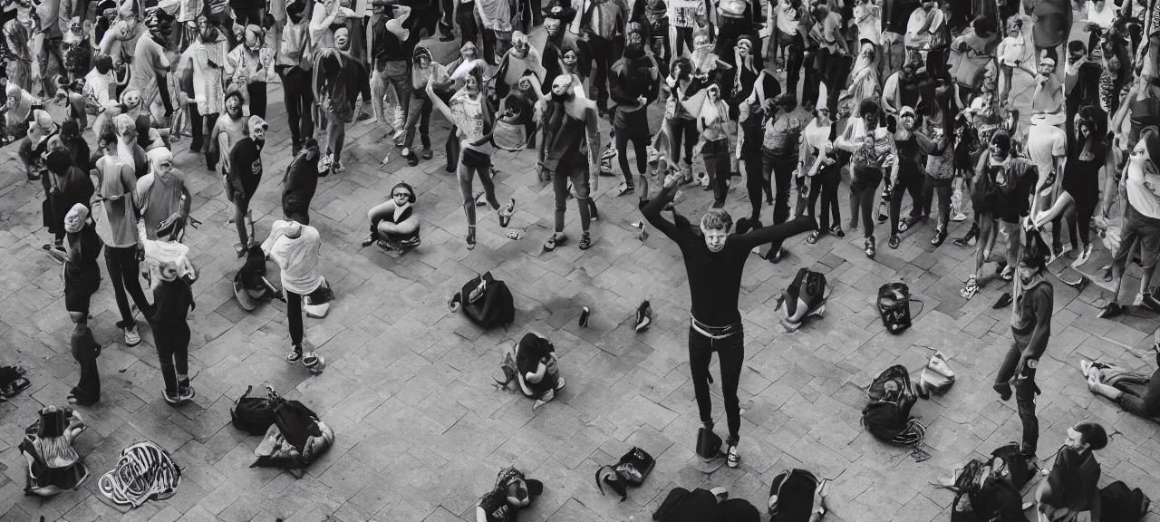 Prompt: A man casually levitating 15 feet off the ground while a crowd of surprised onlookers watches. Photo realistic, DSLR photograph, Cinematic, dramatic lighting, award winning