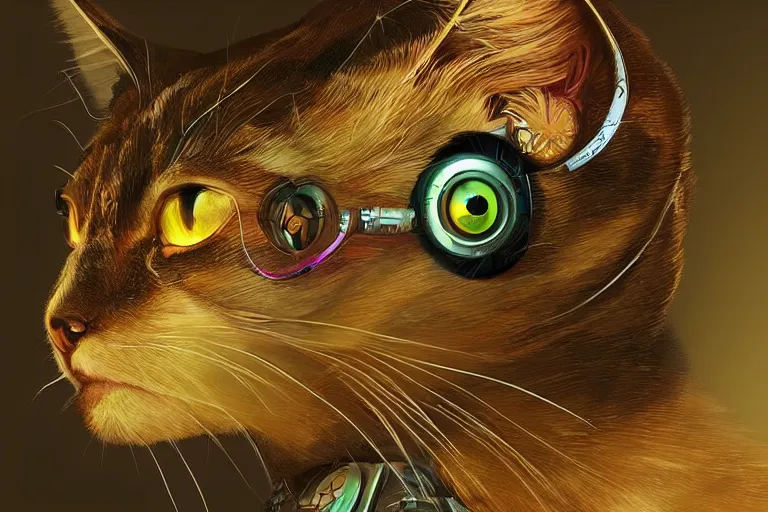 Image similar to “ a extremely detailed stunning portraits of solarpunk cyborg female cat by allen william on artstation ”