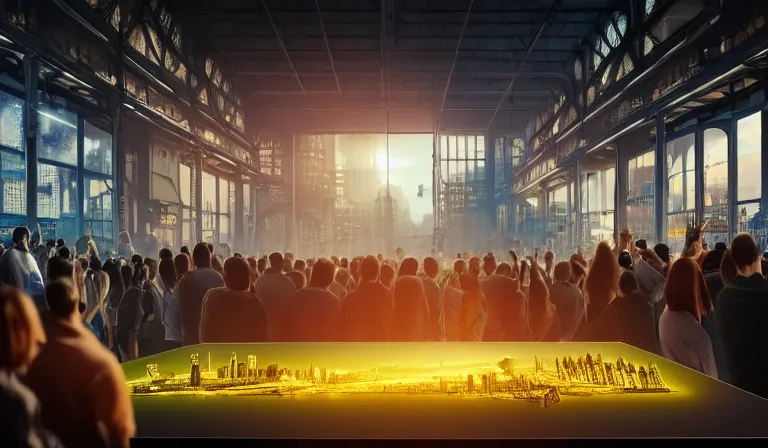 Prompt: crowd of people in walled warehouse, looking at hologram of futuristic city on a table, cinematic concept art, godrays, golden hour, natural sunlight, 4 k, clear details, tabletop model buildings, center model buildings, hologram center, crane shot, crane shot, crane shot