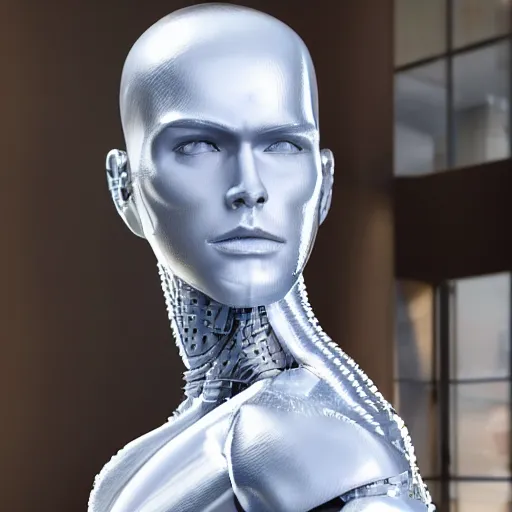 Image similar to made of ice, a realistic detailed photo of a guy who is an attractive humanoid who is half robot and half humanoid, who is a male android, on display, blank stare, showing off his muscles, shiny skin, posing like a statue, by the pool, frozen ice statue, twitch streamer / gamer ludwig, humanoid robot