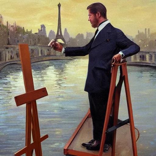 Image similar to mcgregor is dressed as a gentleman at early 2 0 th century paris. he is watching an easel. that easel has a canvas on it. ewan mcgregor has a brush on his hand. he is painting a painting. realistic painting with strong outlines. background has river seine, morning sun, dark clouds, by jack kirby