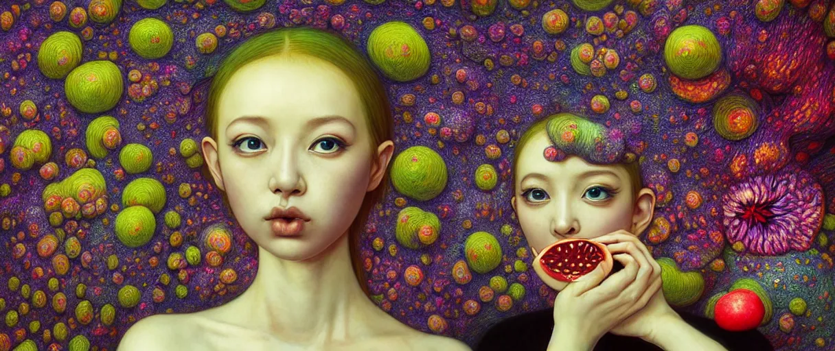 Image similar to hyper detailed 3d render like a Oil painting - kawaii Aurora (Singer) Eats of the juicy Strangling Fruit and Her gossamer polyp blossoms bring iridescent fungal flowers whose spores black out the foolish failing stars by Jacek Yerka, Mariusz Lewandowski, Houdini algorithmic generative render, Abstract brush strokes, Masterpiece, Edward Hopper and James Gilleard, Zdzislaw Beksinski, Mark Ryden, Wolfgang Lettl, hints of Yayoi Kasuma, octane render, 8k