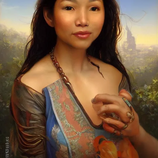 Image similar to portrait of an philipino woman ( 3 5 ) from the philippines in 2 0 2 1, an oil painting by ross tran and thomas kincade