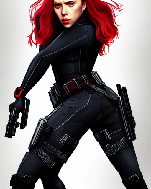 Image similar to Scarlett Johansson Black Widow, full body action pose, highly detailed, digital painting, artstation, concept art, smooth, sharp focus, illustration