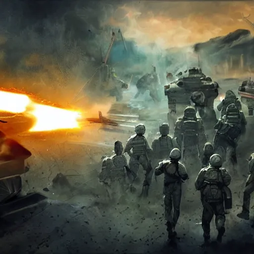 Image similar to science - fiction futuristic apocalyptic war scene with explosions, soldiers shooting