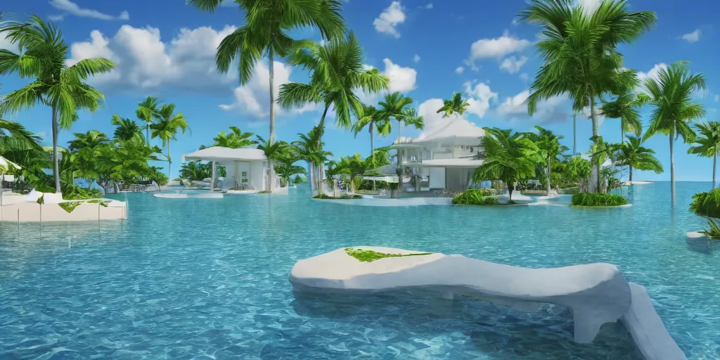 Image similar to hyperrealistic surreal virtual world of a florida keys resort with palm trees around a pool, a surreal vaporwave liminal space, minimalist architecture, metaverse, highly detailed, calming, meditative, dreamscape