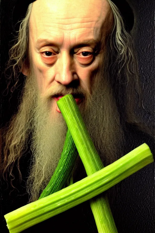 Image similar to bizarre renaissance portrait of dumbledore as a highly detailed celery stick, dramatic cinematic lighting, 8 k, beautiful intricate painting