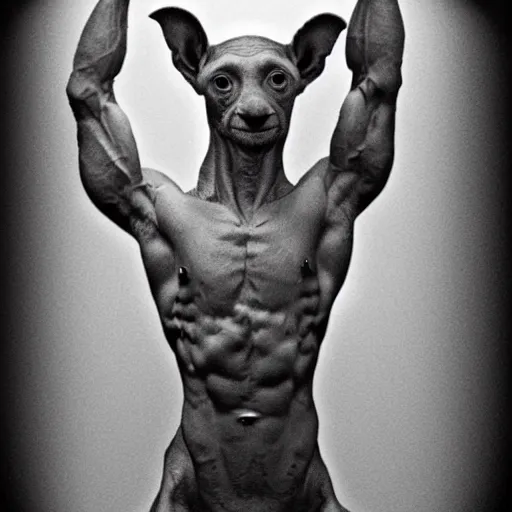 Image similar to Dobby is a jacked muscle builder gigachad, grayscale photography