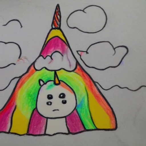 Prompt: A unicorn in a volcano drawn by a child, children drawing with pencils