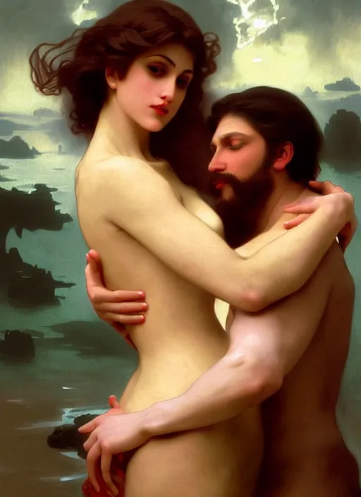 Image similar to kitsch mills and boon romance novel cover with cthulhu!! hugging eva mendes, they are in love, by william - adolphe bouguereau, john singer sargent, digital painting, artstation, concept art, smooth, sharp focus, warm lighting,