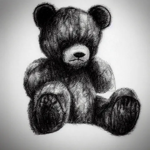 Image similar to grunge drawing of a teddy bear in the style of the grudge