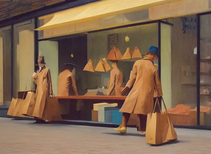 Image similar to people wearing paper bags inside paper bags at store display Edward Hopper and James Gilleard, Zdzislaw Beksinski, highly detailed