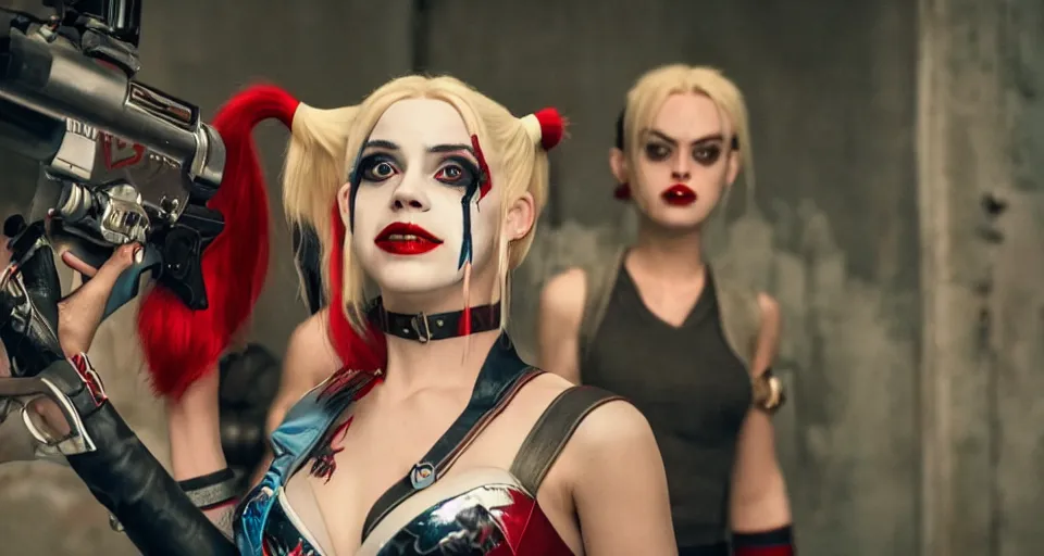 Image similar to real-life Harley Quinn, cinematic, Wide-shot, atmospheric lighting, directed by Quentin Tarantino, extreme detail, 8K, movie still