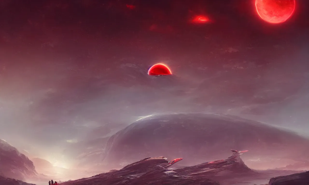 Image similar to a vew above a red alien planet. in the foreground there is aa gigantic and long alien spacecraft. in the background there is a wormhole. scifi, in the style of Charlie Bowater, Charlie Bowater