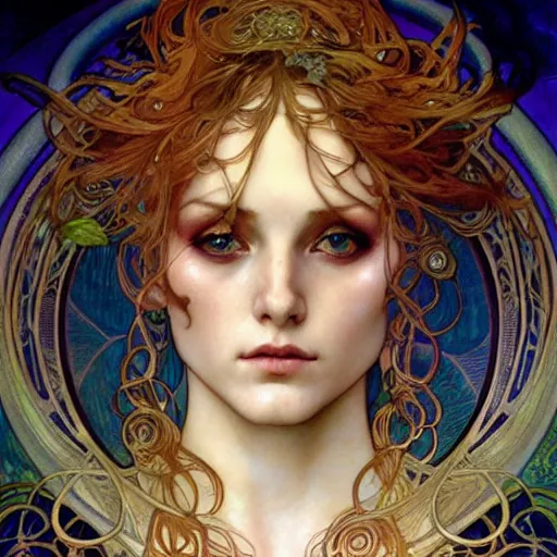 Prompt: realistic detailed face portrait of the Goddess of Psychedelics by Alphonse Mucha, Ayami Kojima, Amano, Charlie Bowater, Karol Bak, Greg Hildebrandt, Jean Delville, and Mark Brooks, Art Nouveau, Neo-Gothic, gothic, rich deep moody colors