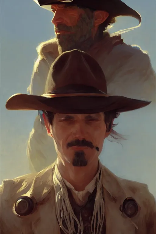 Image similar to portrait of retro futuristic cowboy, spaghetti western, train station, hot day, digital art from artstation by Ruan Jia and Mandy Jurgens and Artgerm and william-adolphe bouguereau and Greg Rutkowski