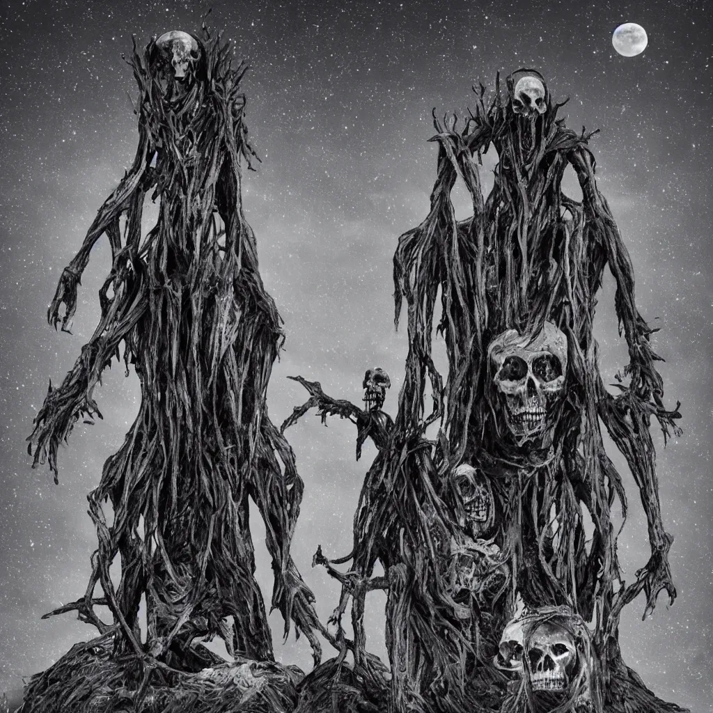 Image similar to creepy dark tall creature sitting on a throne made of skulls, moonlight