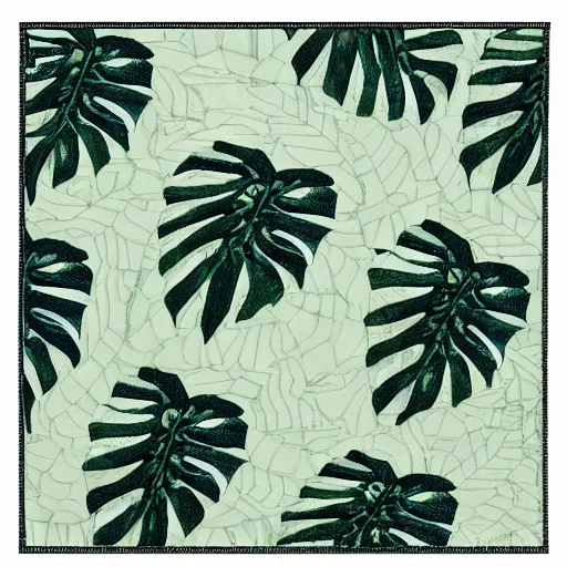 Prompt: a decorative quilt with monstera adsonii pattern, warm lighting,