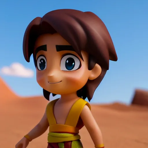 Image similar to profile view of young heroic aladdin as nendoroid walking in a desert in the croods movie style, anime, disney, pixar, 8 k, hd, dof, kodak film, volumetric lighting, subsurface scattering, photorealistic, octane render, details