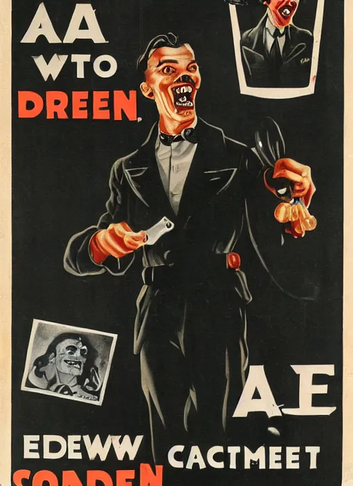Prompt: creepy Edward Richtofen with a scary comically large smile, 1940s scare tactic propaganda art