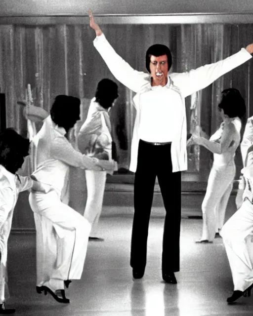 Image similar to donald altrump as orange suited tony manero in saturday night fever dancing at a funeral home with coffins, cinematic, 1 9 7 0 s style