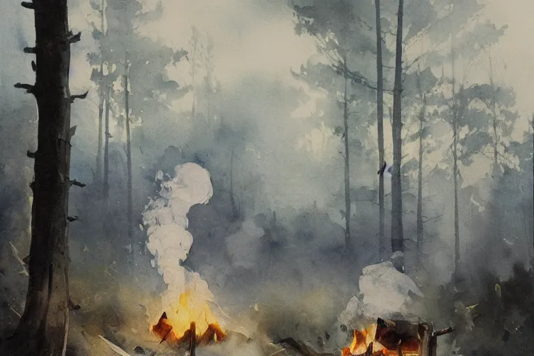 Image similar to small centered on white watercolor paper, paint brush strokes, abstract watercolor painting of scandinavian smoking bonfire, smoke, tree forest, nightfall sharp light, cinematic light, american romanticism by hans dahl, by jesper ejsing, by anders zorn, by greg rutkowski, by greg manchess, by tyler edlin
