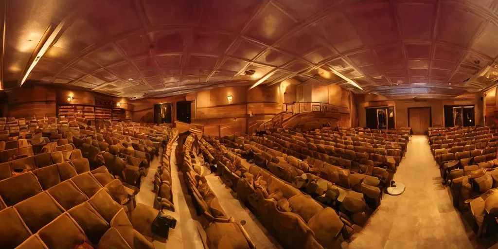 Image similar to a dimly lit, theater hall, 3 doors, 1 staircase, day of the tentacle style, fish eye