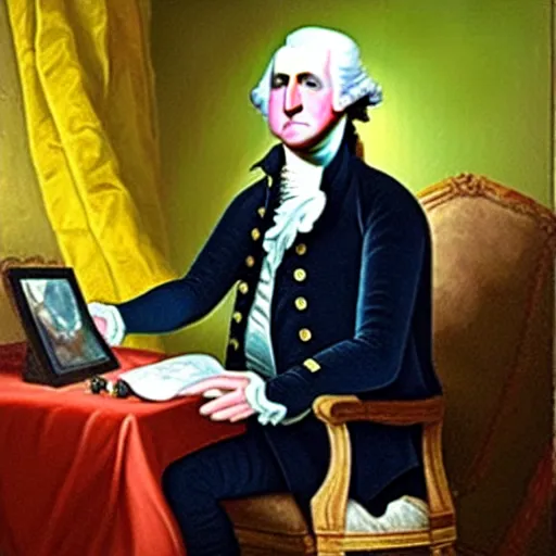 Image similar to george washington playing video games, screaming, oil painting