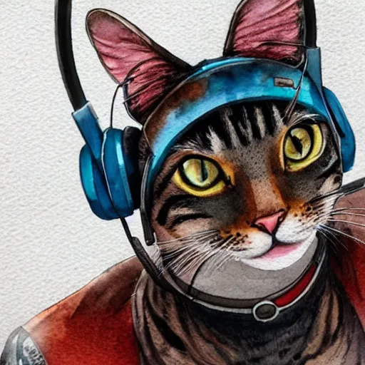 Image similar to beautiful detailed watercolor artwork of an anthropomorphic female cat wearing rgb gamer headset, super detailed, portrait, trending on artstation, deviantart, pixiv, made by jay naylor, dan mumford