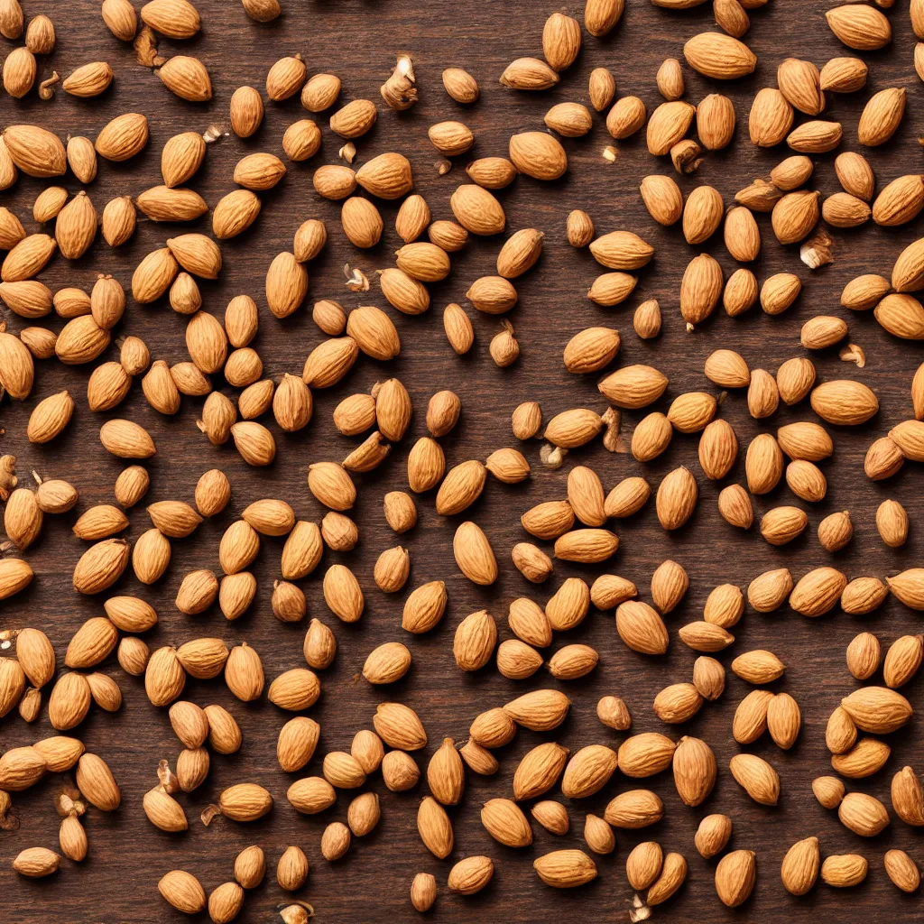 Prompt: top-down view with nuts on top of a wooden table, wallpaper, 4k, photorealistic