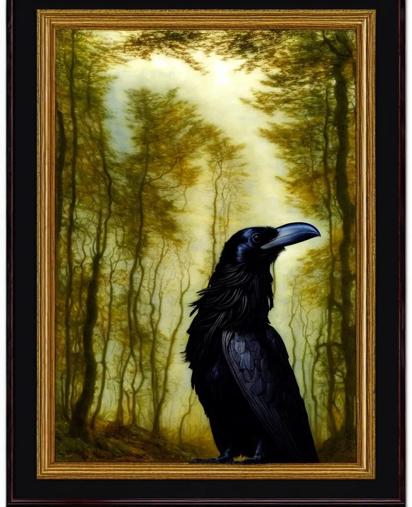 Image similar to a breathtakingly stunningly pre raphaelite beautifully highly detailed animal portrait of a majestic raven, in an forest with arch and smokey reflections, framed, by rosetti and devinci and michael cheval and sidney cooper and turner, 4 k