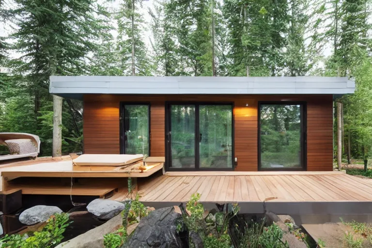 Prompt: modern backyard finnish sauna with glass sliding door in a canadian backyard