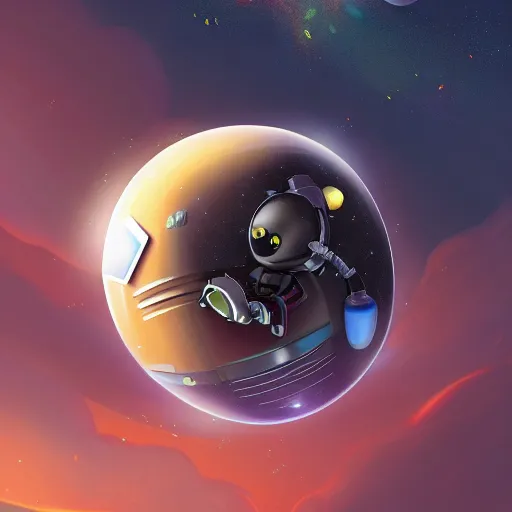 Prompt: funny spherical robot flying in deep space to the earth, artstation trending, high quality,