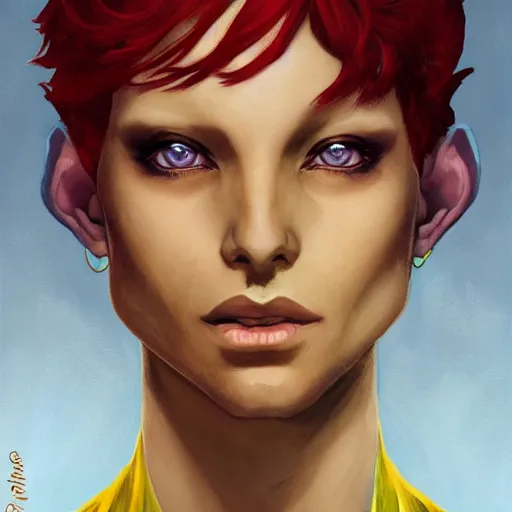 Prompt: dnd character portrait of a beautiful and androgynous half - elf with messy short red hair and catlike features and dark skin tone and yellow eyes with slit pupils, golden hour, wearing a colorful men's suit, realistic painting by tasha beckwith and ross tran and gerald brom and alphonse mucha, trending on artstation