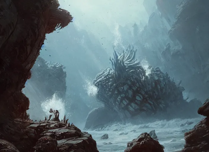 Image similar to a gigantic crustacean monster, partially visible in the foreground in a rocky chasm. dramatic fantasy art by greg rutkowski