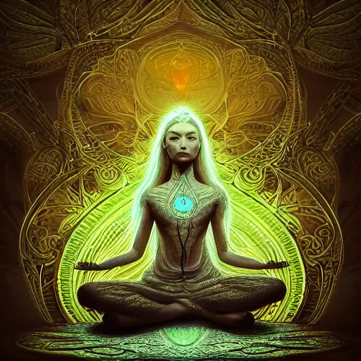 Image similar to glowing cracks, elven princess, meditating, peaceful, levitating, powerful, blossoming, lotus pose, zen, glowing, fractal background, ascending, detailed, realistic, digital art, fantasy, trending on artstation, cinematic, movie clip, visionary art, intricate pattern, subtle pattern, detailed texture, fractal texture, flowing, engraved texture, sacred geometry pattern, symmetry, perfect, perfect face, facial beauty, pretty, attractive, by peter morhbacher, dmt temple, godlike, pearlescent, matte painting, highly detailed painting, light, light being, feathered, smooth, radial color dispersion, color dispersion, portal, black hole, realms, surreal, surrealist, water, underwater, shiva, indian goddess
