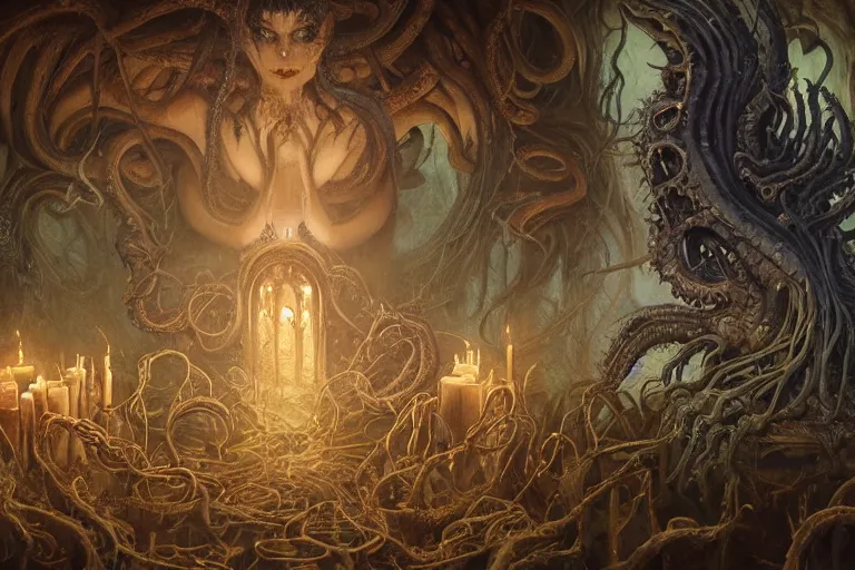 Image similar to a lovecraftian painting of a demonic shrine, occult, moster summoning, warlocks ritual, cosmic horror elements, ultra realistic, concept art, intricate details, eerie, highly detailed, photorealistic, octane render, 8 k, unreal engine. art by artgerm and greg rutkowski and alphonse mucha