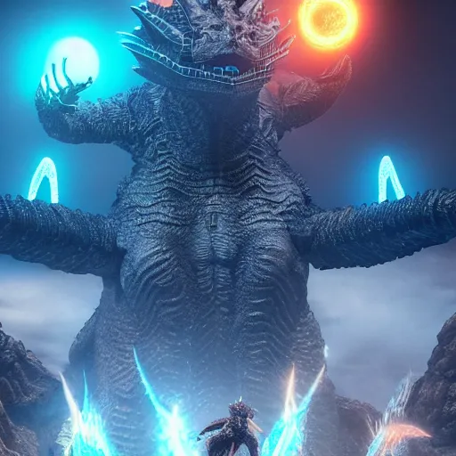 Prompt: ghidorah, majestic, breathtaking, lightining in background, ultrafine hyperrealistic detailed illustration by kim jung gi, irakli nadar, intricate linework, sharp focus, bright colors, matte, movie still from godzilla king of monsters, final fantasy, unreal engine highly rendered, 8 k, global illumination, radiant light, intricate environment